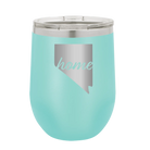 Laser etched teal 12 oz vacuum insulated wine cup with 'Nevada Home' design