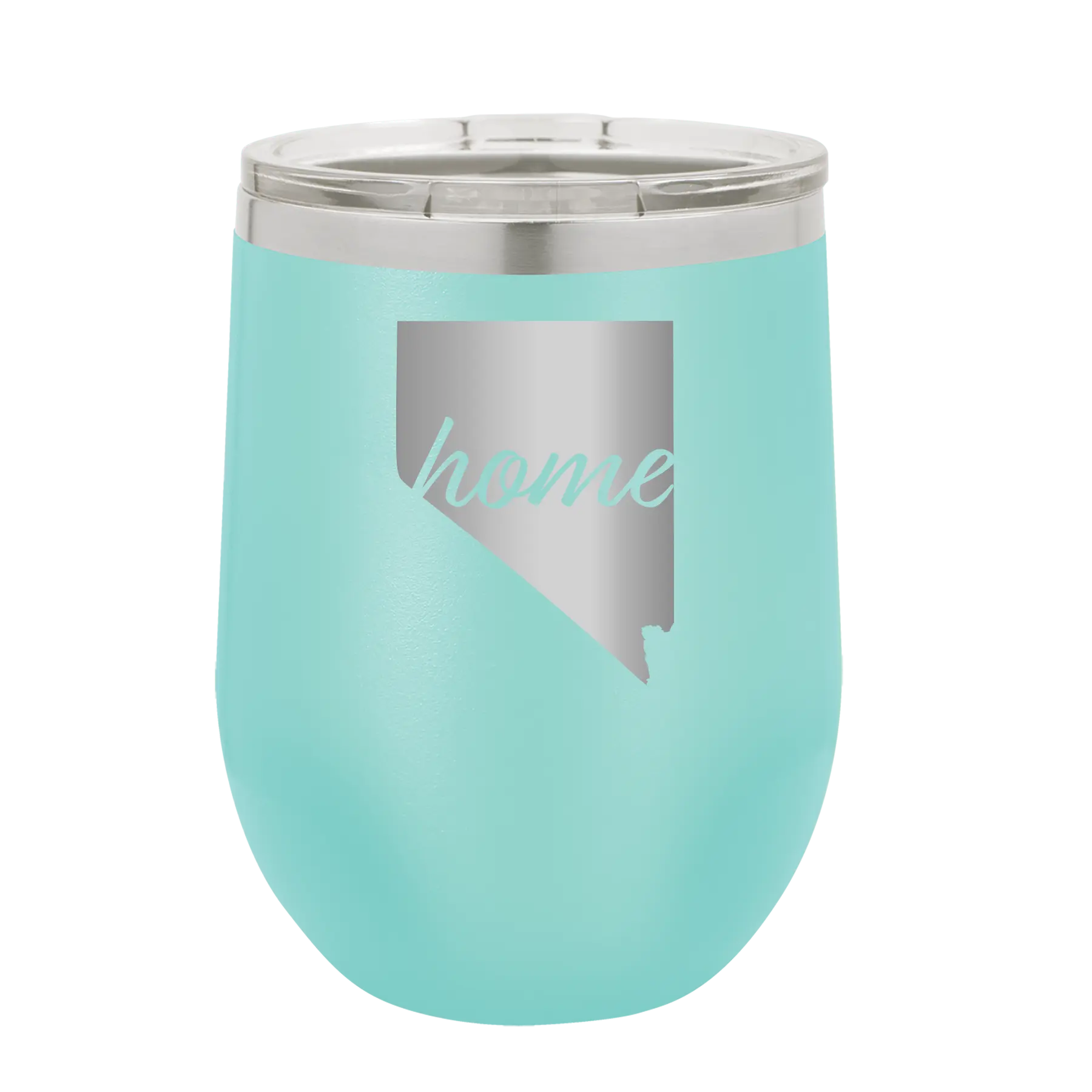 Laser etched teal 12 oz vacuum insulated wine cup with 'Nevada Home' design
