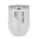 Laser etched white 12 oz vacuum insulated wine cup with 'Nevada Home' design