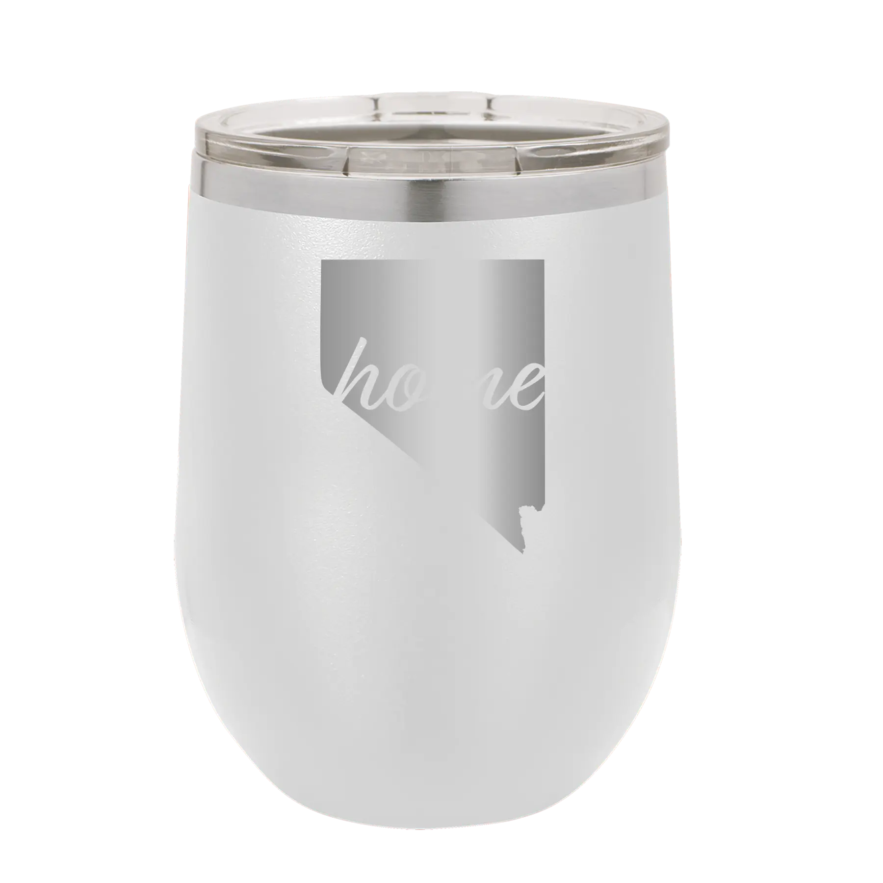 Laser etched white 12 oz vacuum insulated wine cup with 'Nevada Home' design