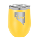 Laser etched yellow 12 oz vacuum insulated wine cup with 'Nevada Home' design