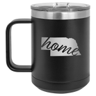 Laser etched black 15 oz vacuum insulated coffee mug with 'Nebraska Home' design