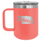 Laser etched coral 15 oz vacuum insulated coffee mug with 'Nebraska Home' design