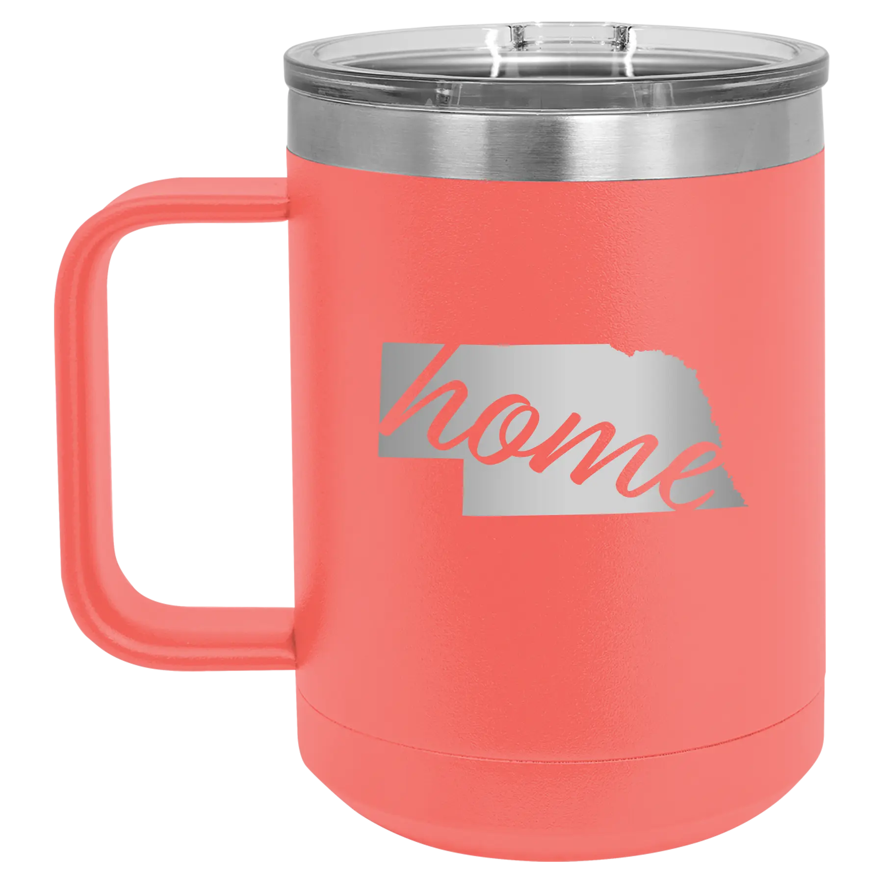 Laser etched coral 15 oz vacuum insulated coffee mug with 'Nebraska Home' design