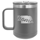 Laser etched dark gray 15 oz vacuum insulated coffee mug with 'Nebraska Home' design