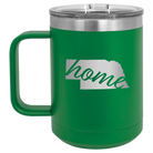 Laser etched green 15 oz vacuum insulated coffee mug with 'Nebraska Home' design