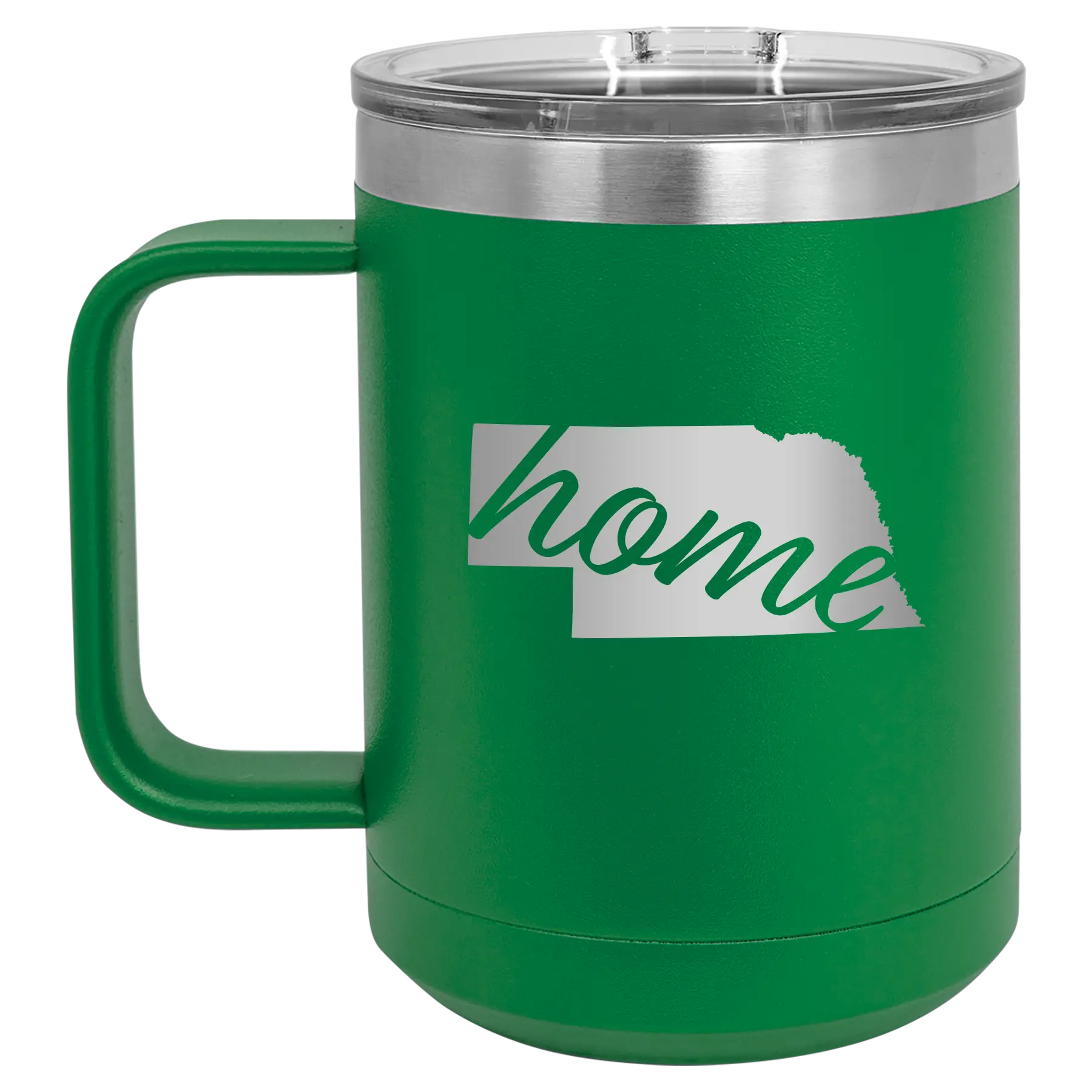 Laser etched green 15 oz vacuum insulated coffee mug with 'Nebraska Home' design