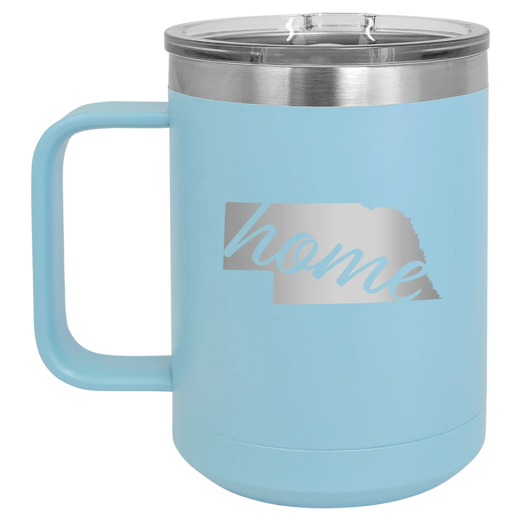 Laser etched light blue 15 oz vacuum insulated coffee mug with 'Nebraska Home' design