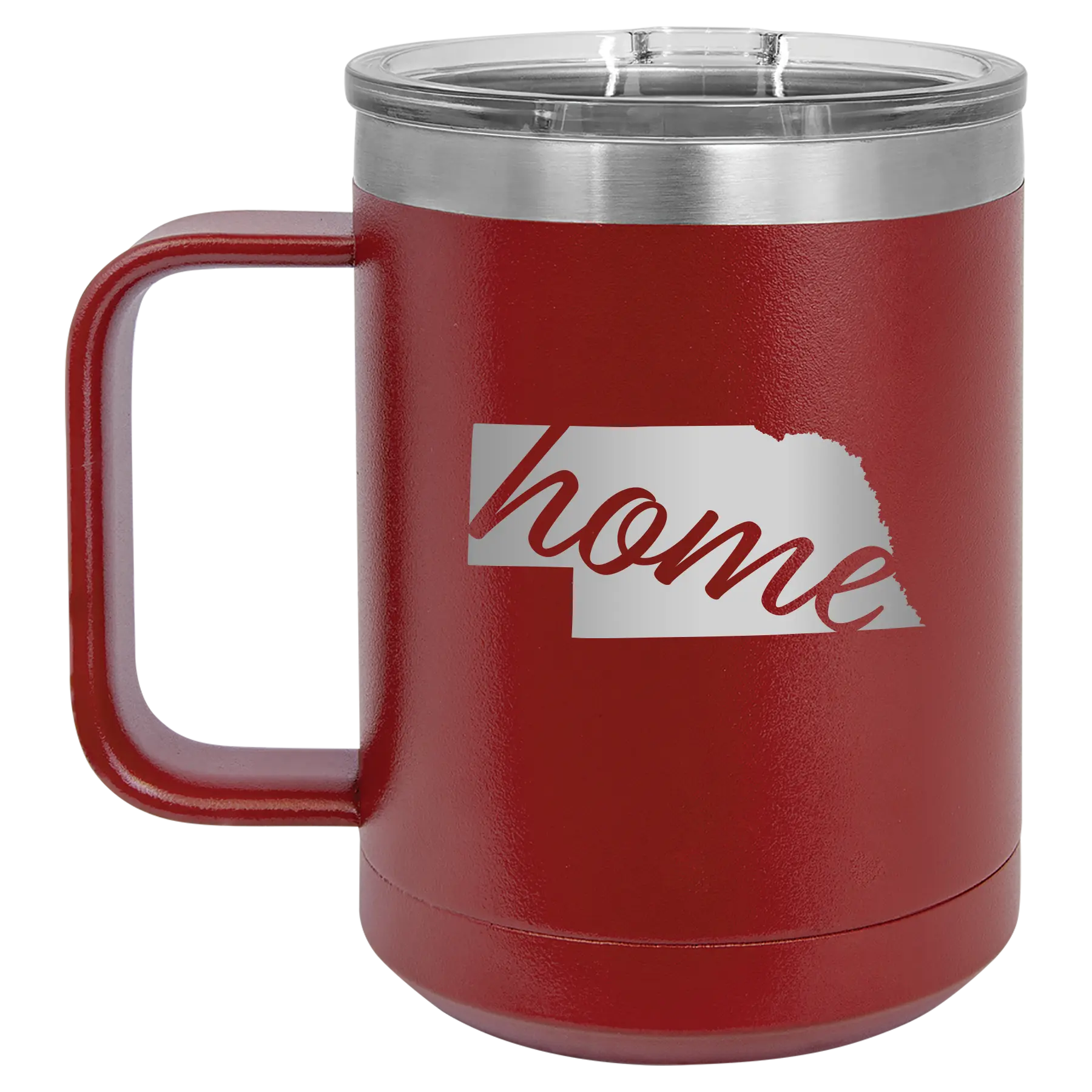 Laser etched maroon 15 oz vacuum insulated coffee mug with 'Nebraska Home' design