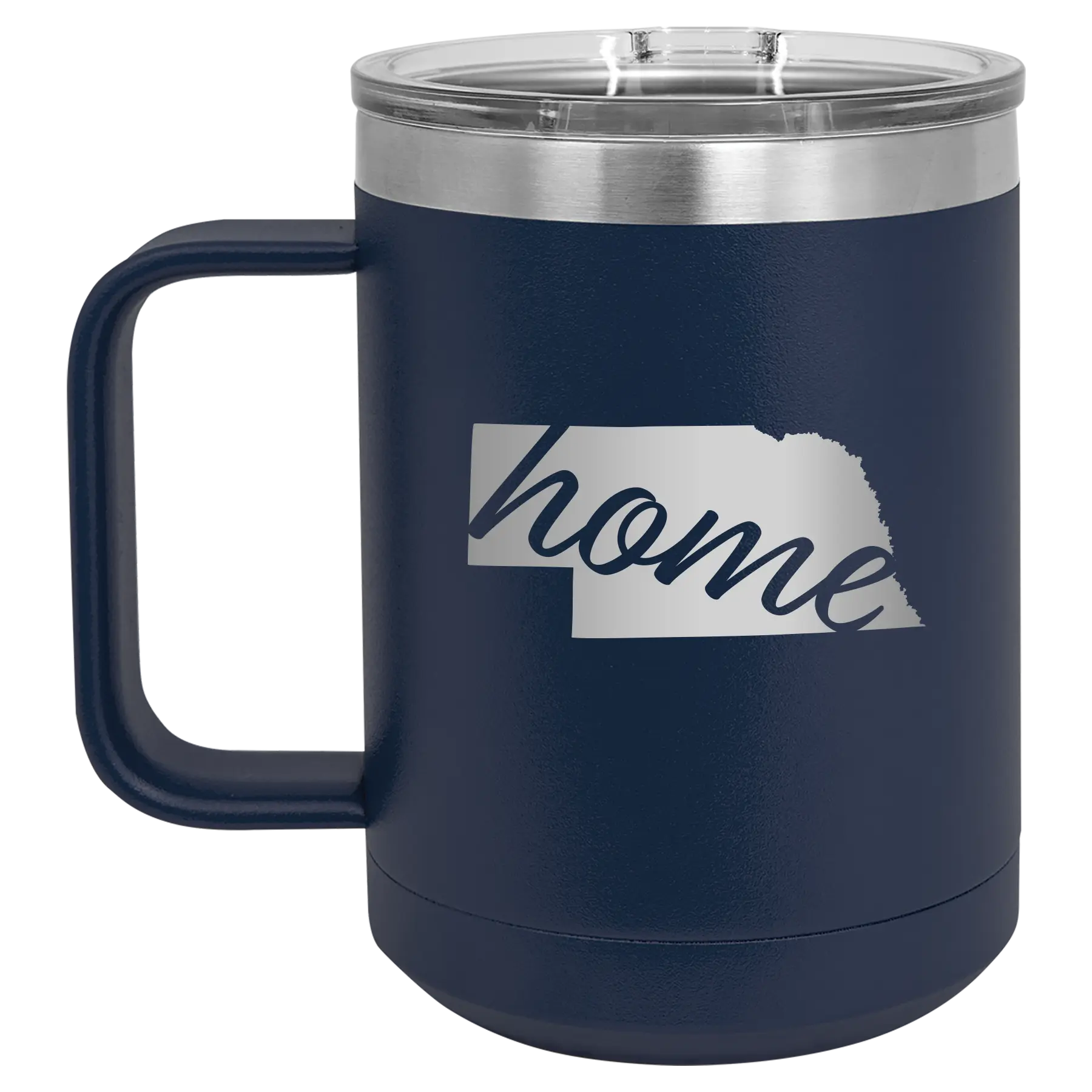Laser etched navy 15 oz vacuum insulated coffee mug with 'Nebraska Home' design