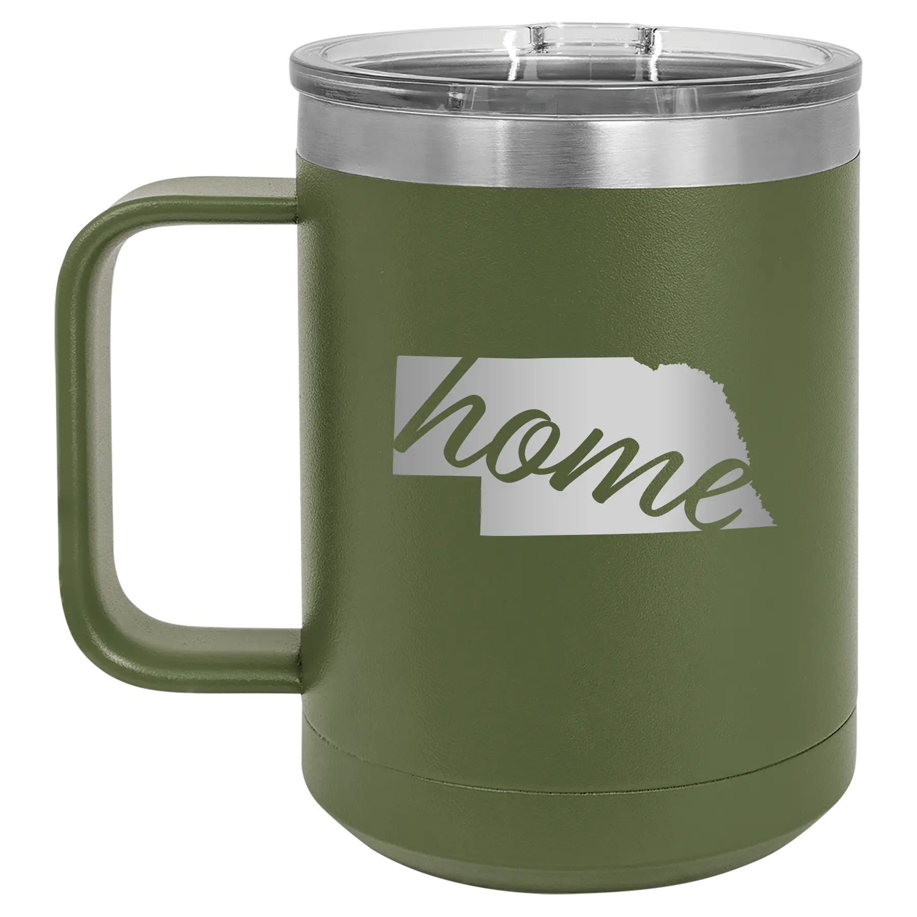 Laser etched olive green 15 oz vacuum insulated coffee mug with 'Nebraska Home' design