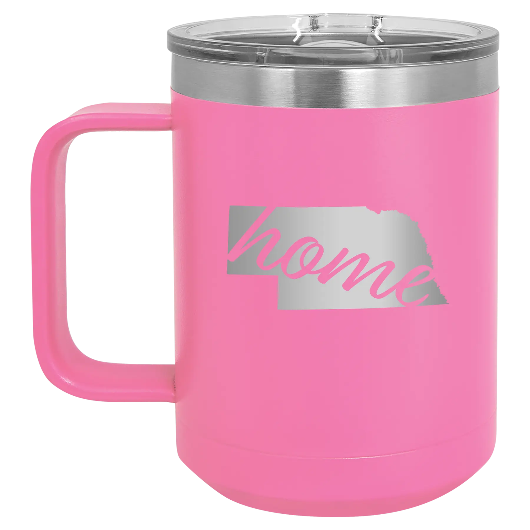 Laser etched pink 15 oz vacuum insulated coffee mug with 'Nebraska Home' design