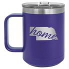 Laser etched purple 15 oz vacuum insulated coffee mug with 'Nebraska Home' design