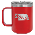 Laser etched red 15 oz vacuum insulated coffee mug with 'Nebraska Home' design