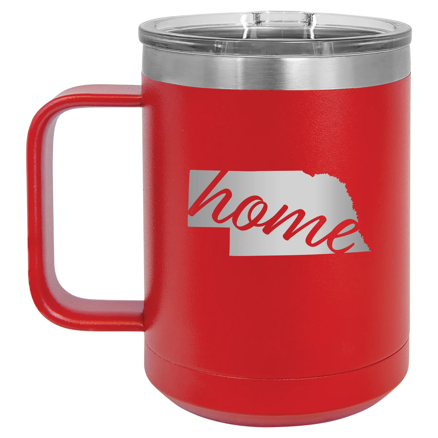 Laser etched red 15 oz vacuum insulated coffee mug with 'Nebraska Home' design
