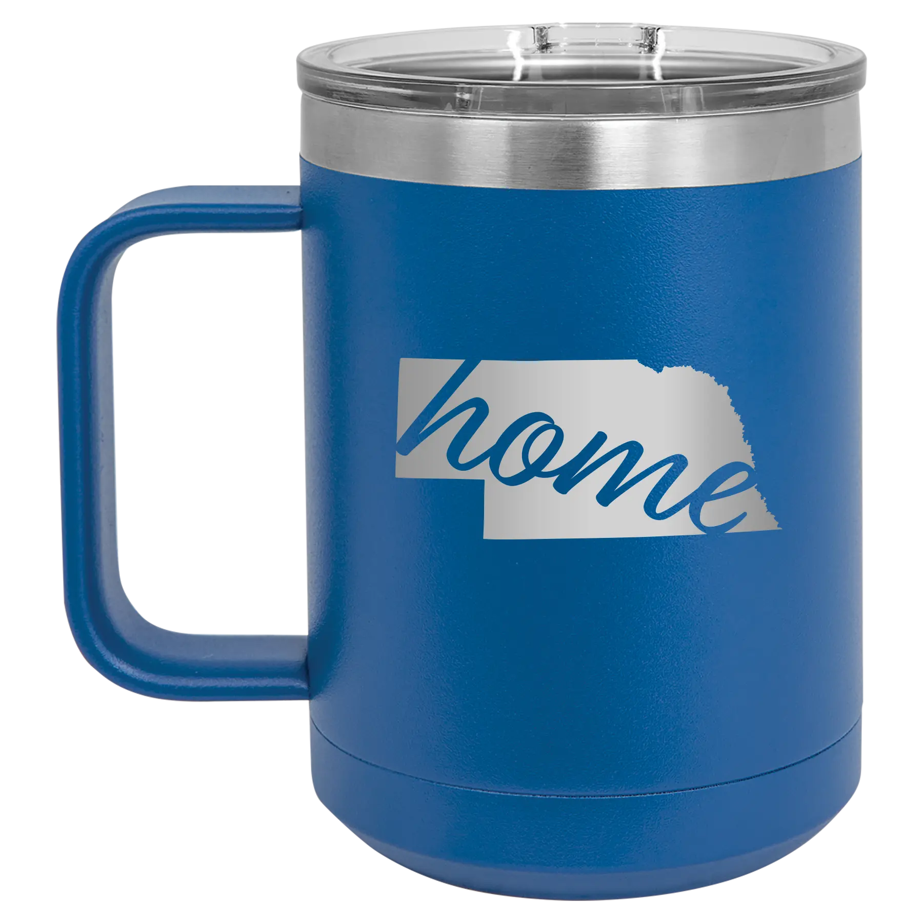 Laser etched royal blue 15 oz vacuum insulated coffee mug with 'Nebraska Home' design
