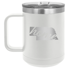Laser etched white 15 oz vacuum insulated coffee mug with 'Nebraska Home' design
