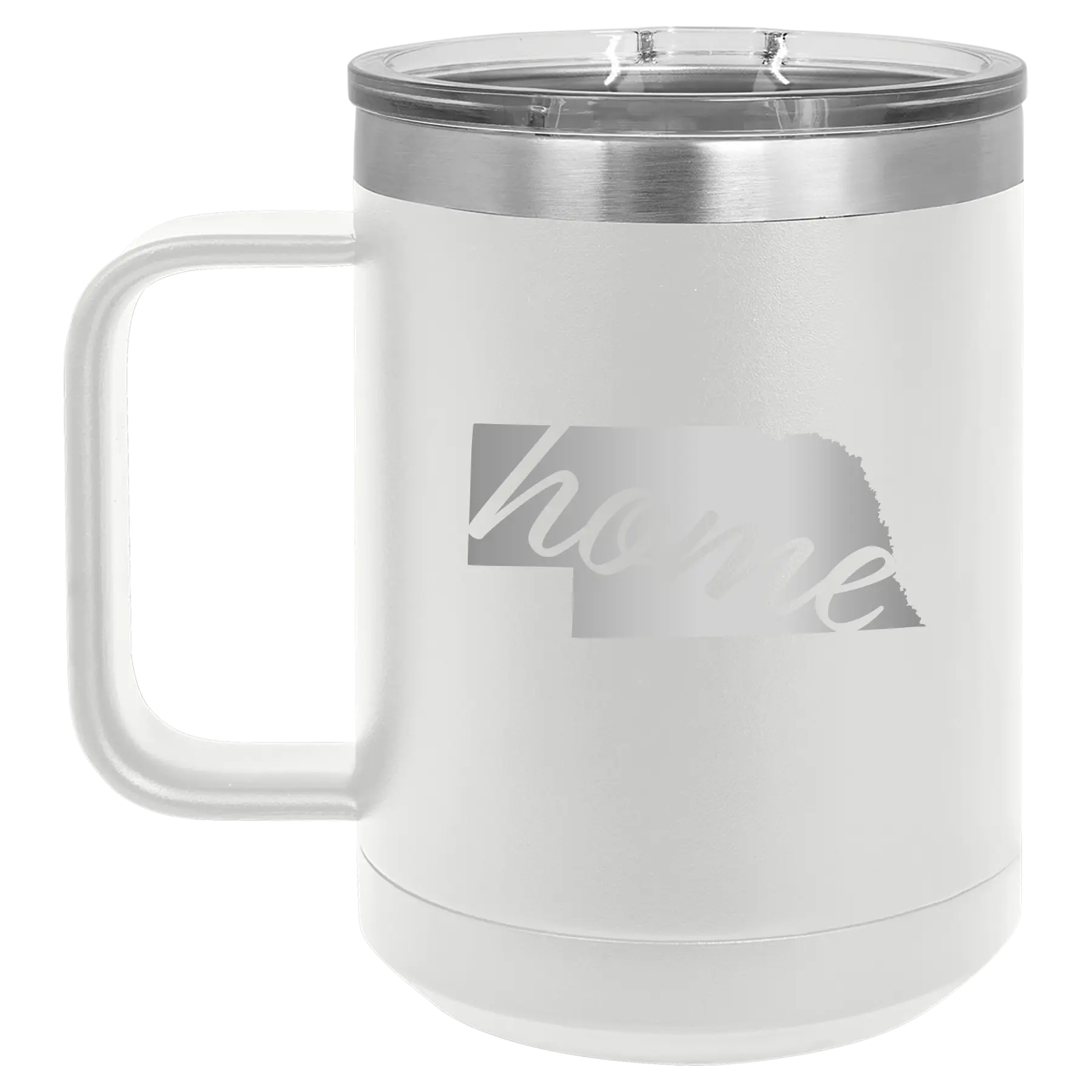 Laser etched white 15 oz vacuum insulated coffee mug with 'Nebraska Home' design