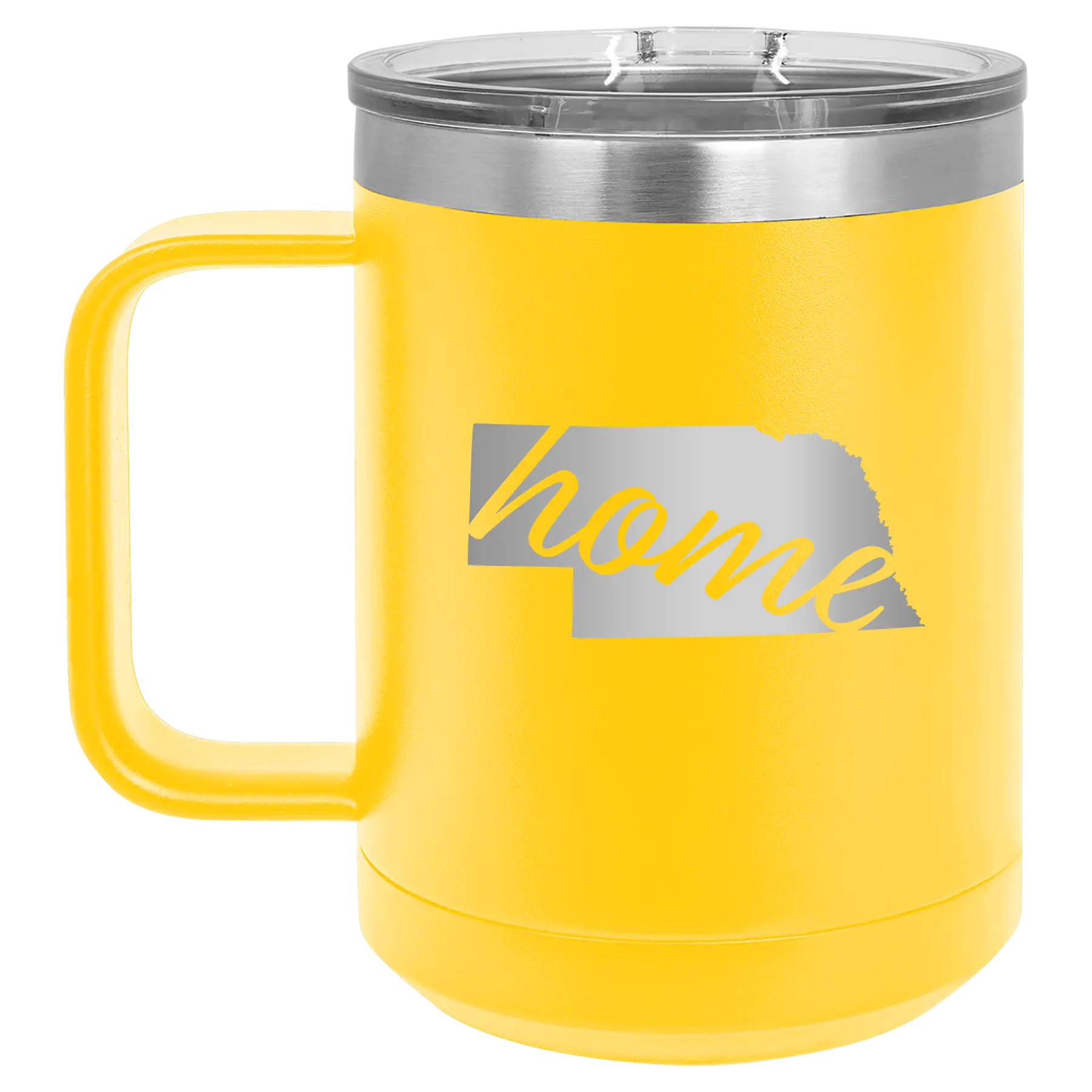 Laser etched yellow 15 oz vacuum insulated coffee mug with 'Nebraska Home' design