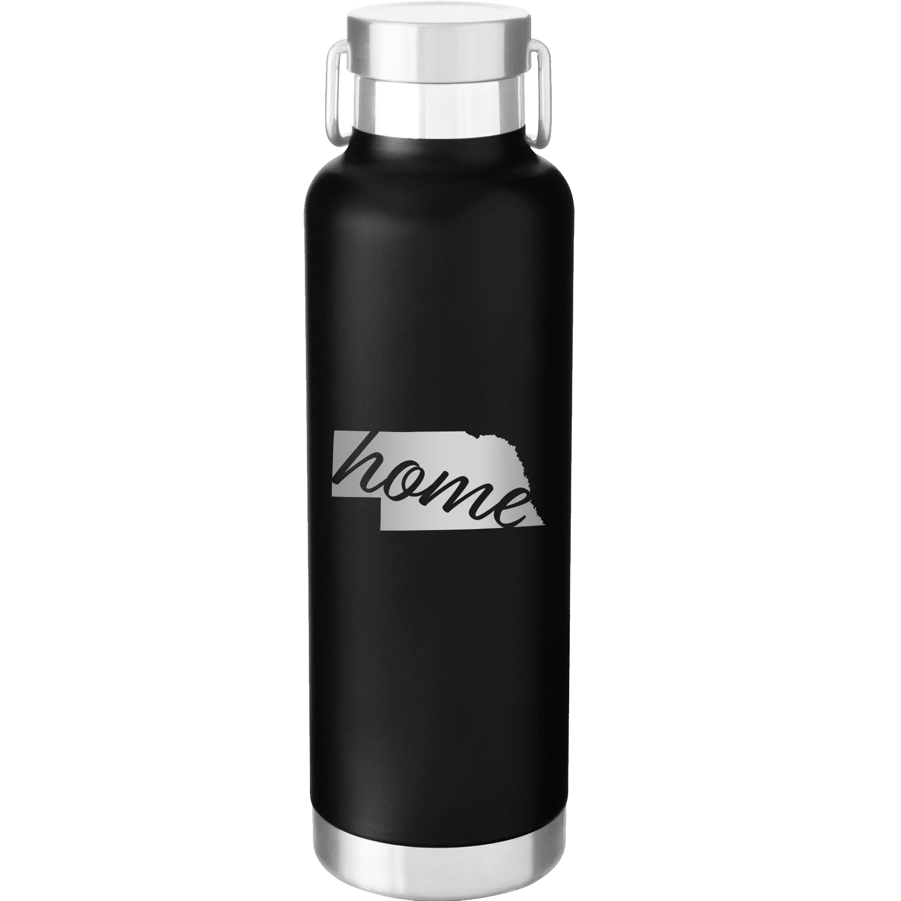 Laser etched black 24 oz vacuum insulated water bottle with 'Nebraska Home' design