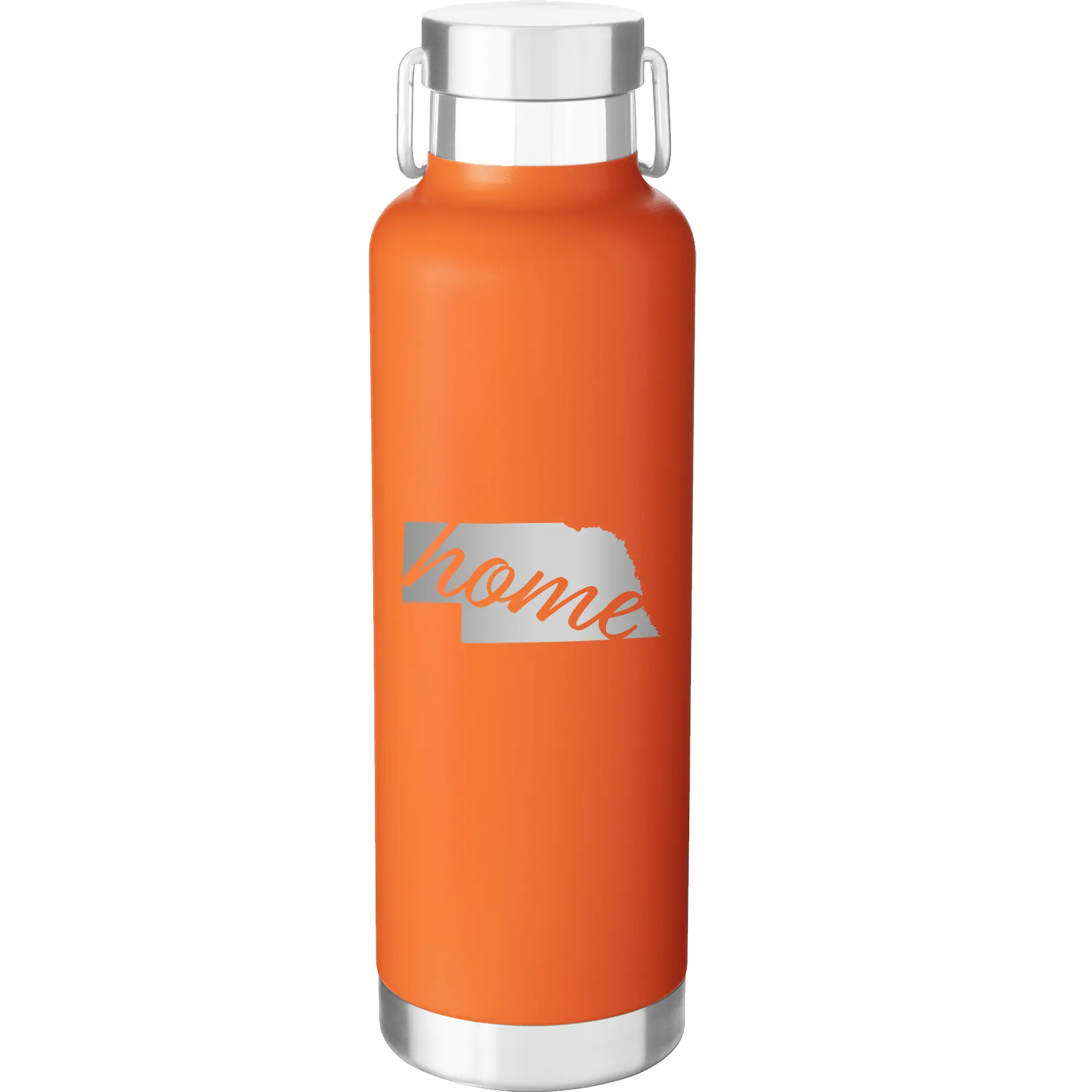 Laser etched orange 24 oz vacuum insulated water bottle with 'Nebraska Home' design