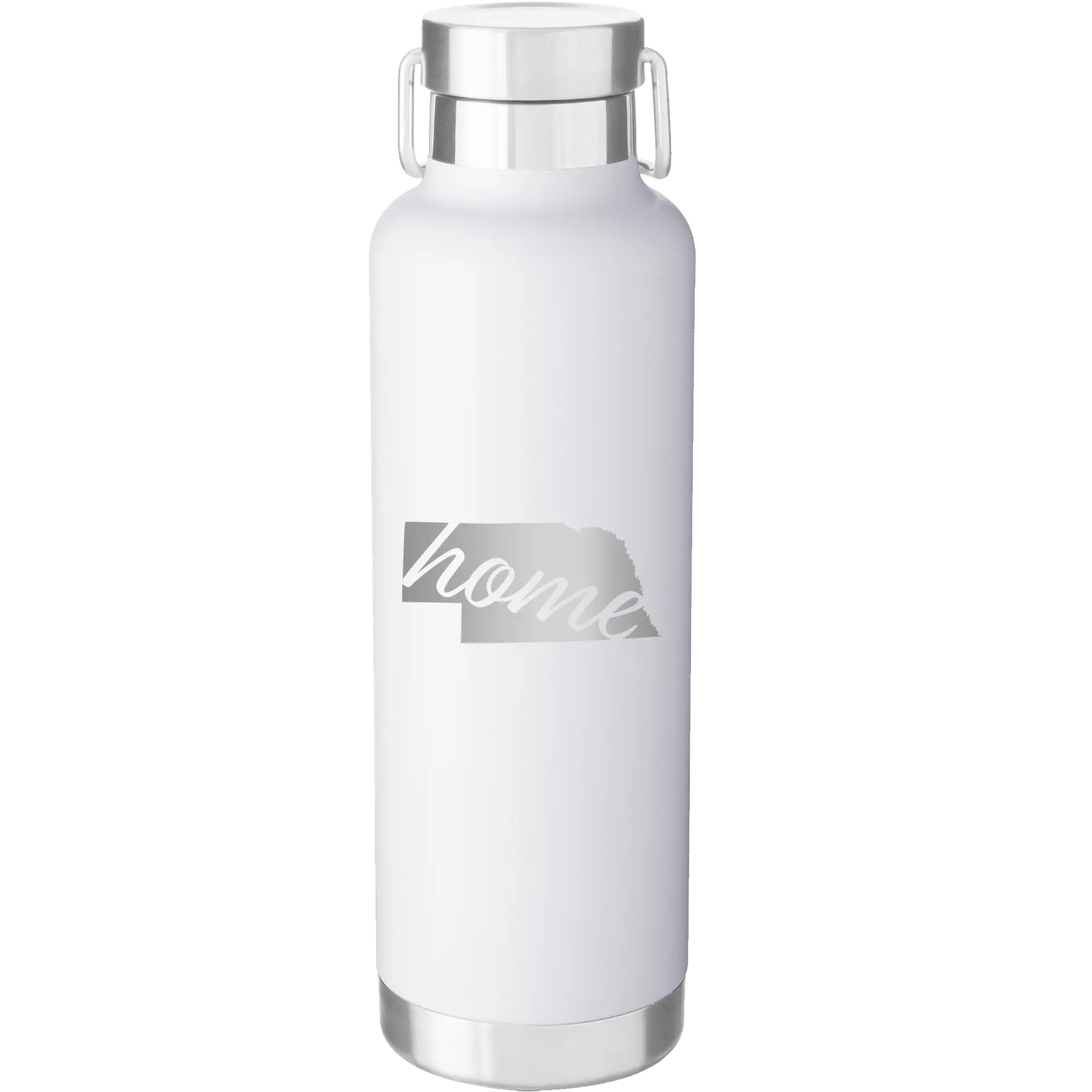 Laser etched white 24 oz vacuum insulated water bottle with 'Nebraska Home' design