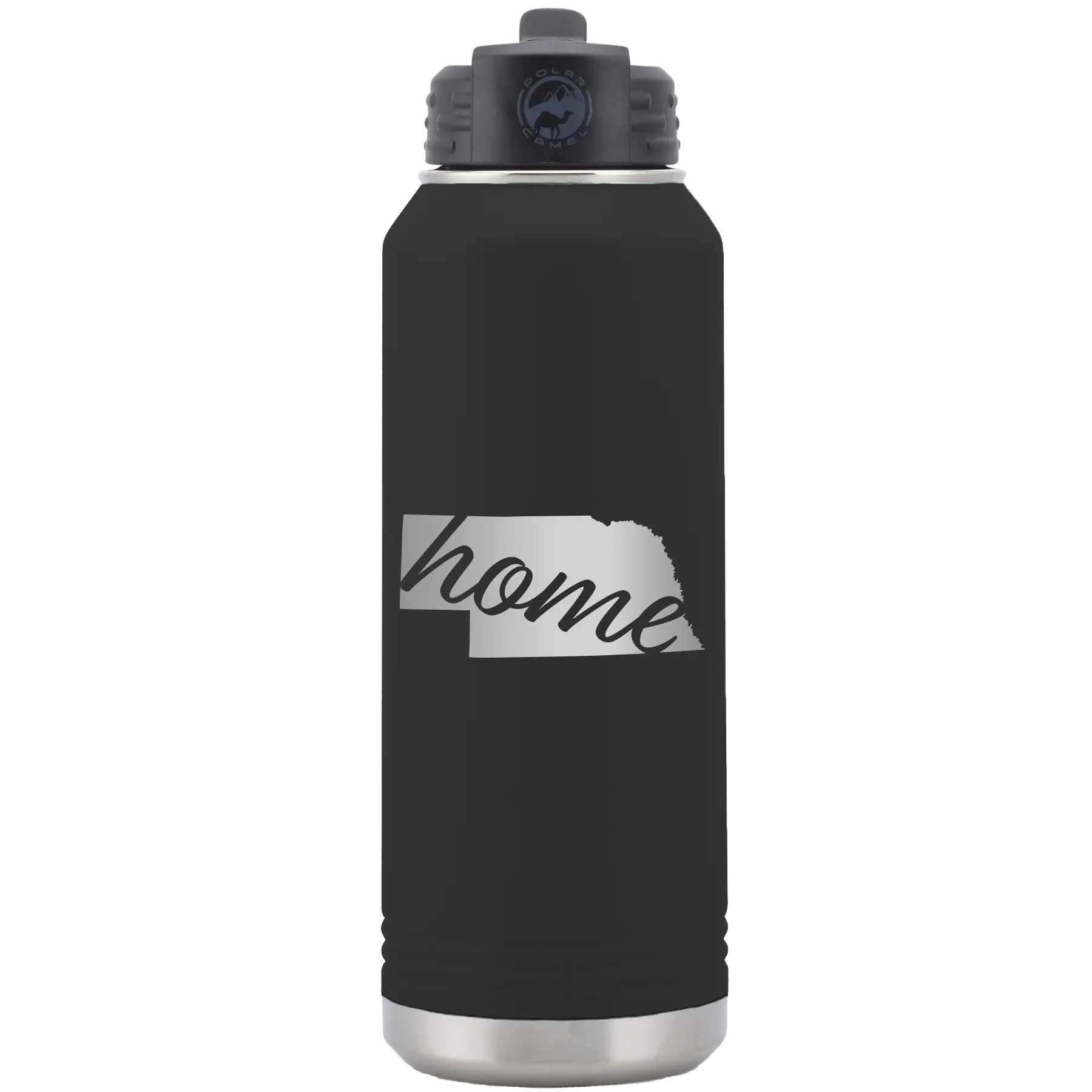 Laser etched black 32 oz vacuum insulated water bottle with 'Nebraska Home' design
