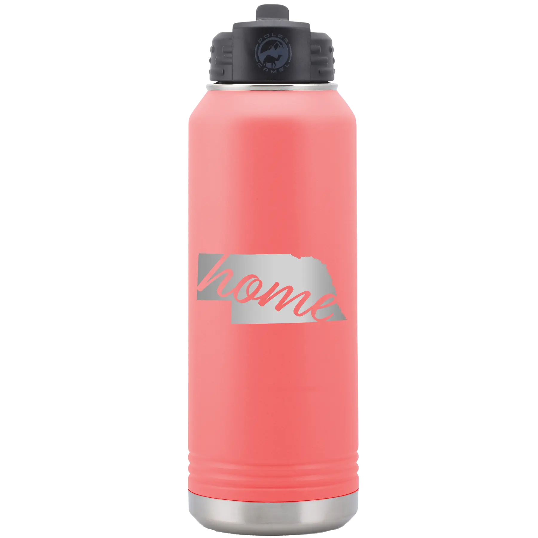 Laser etched coral 32 oz vacuum insulated water bottle with 'Nebraska Home' design