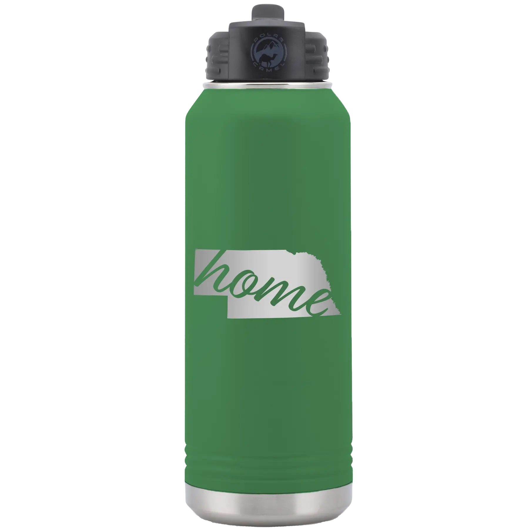 Laser etched green 32 oz vacuum insulated water bottle with 'Nebraska Home' design