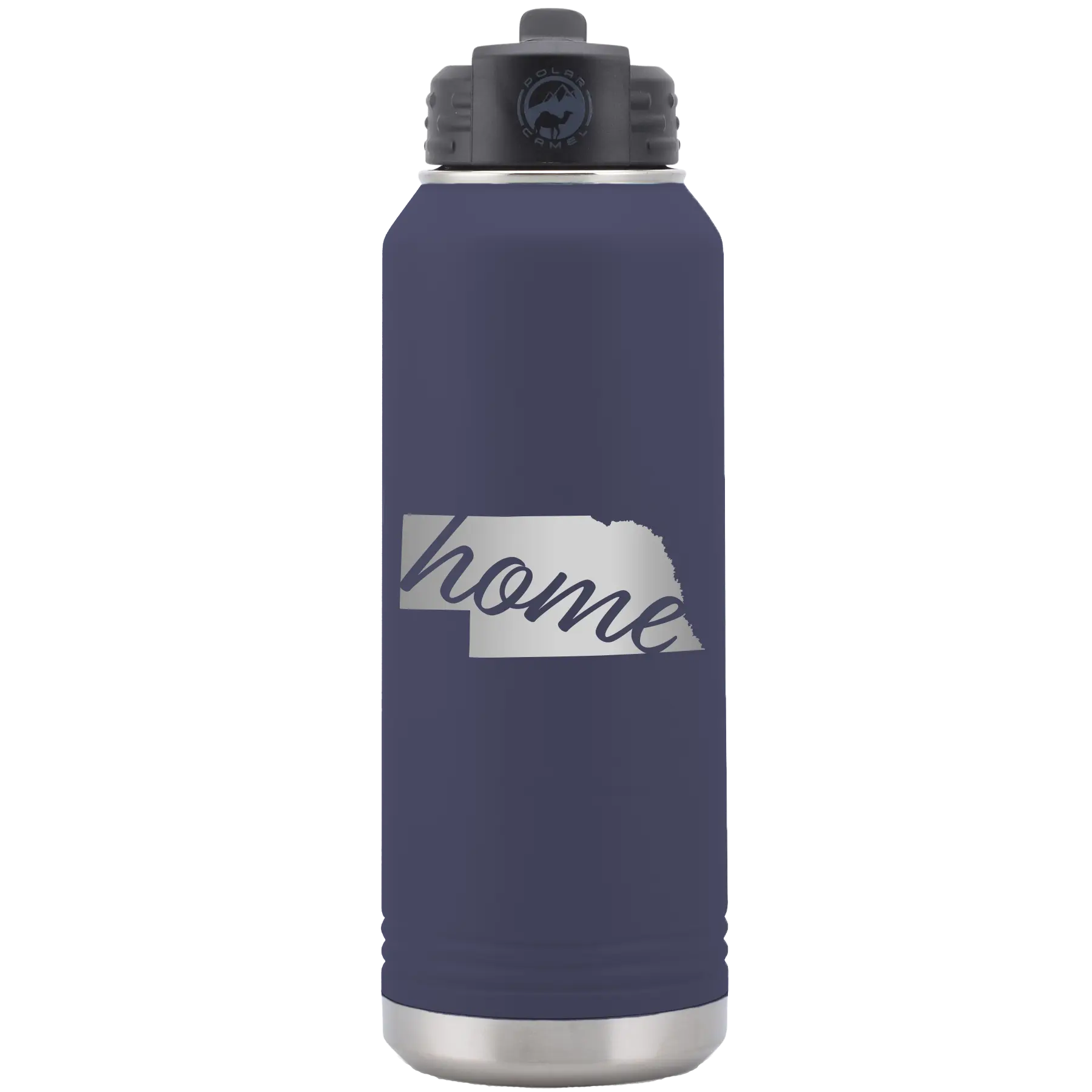 Laser etched navy 32 oz vacuum insulated water bottle with 'Nebraska Home' design