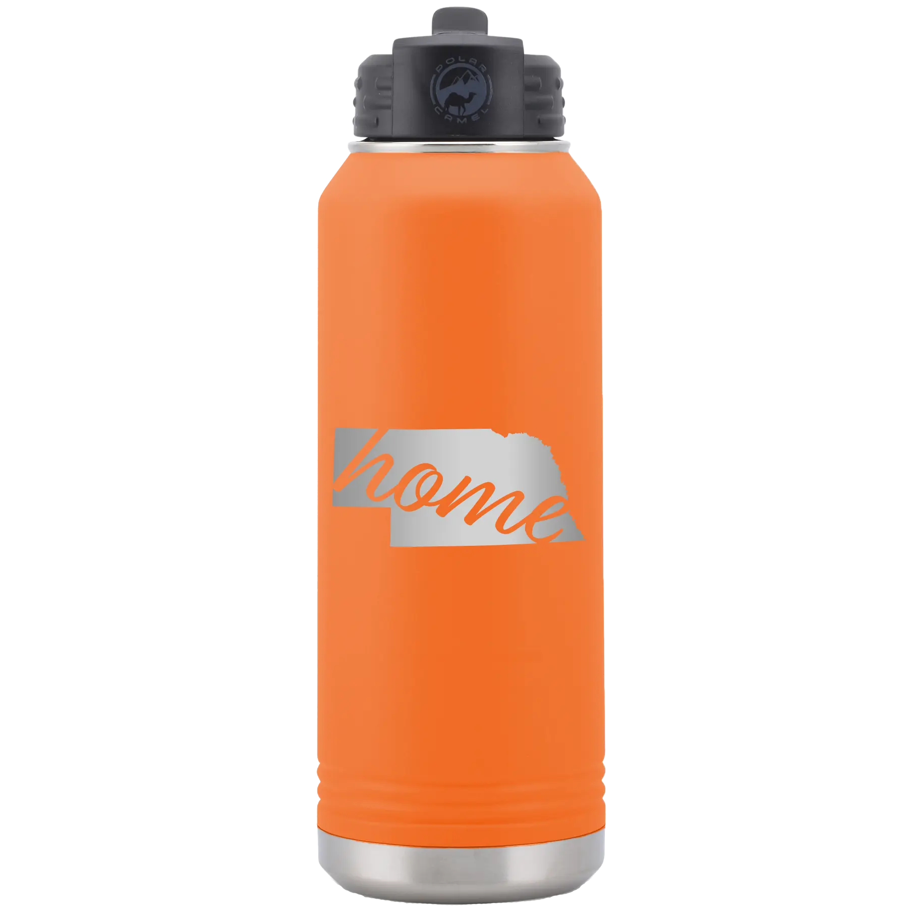 Laser etched orange 32 oz vacuum insulated water bottle with 'Nebraska Home' design