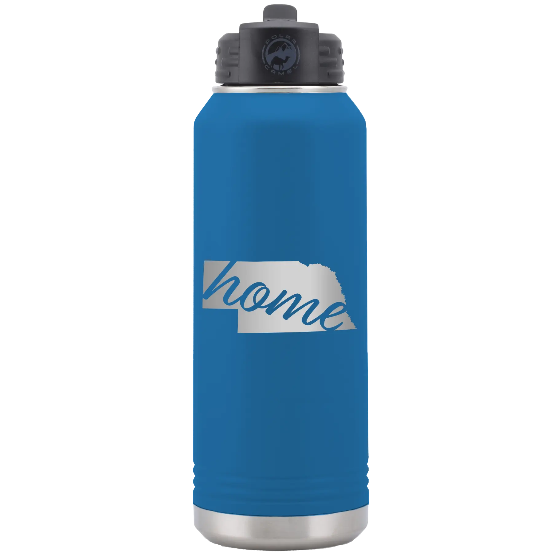 Laser etched royal blue 32 oz vacuum insulated water bottle with 'Nebraska Home' design