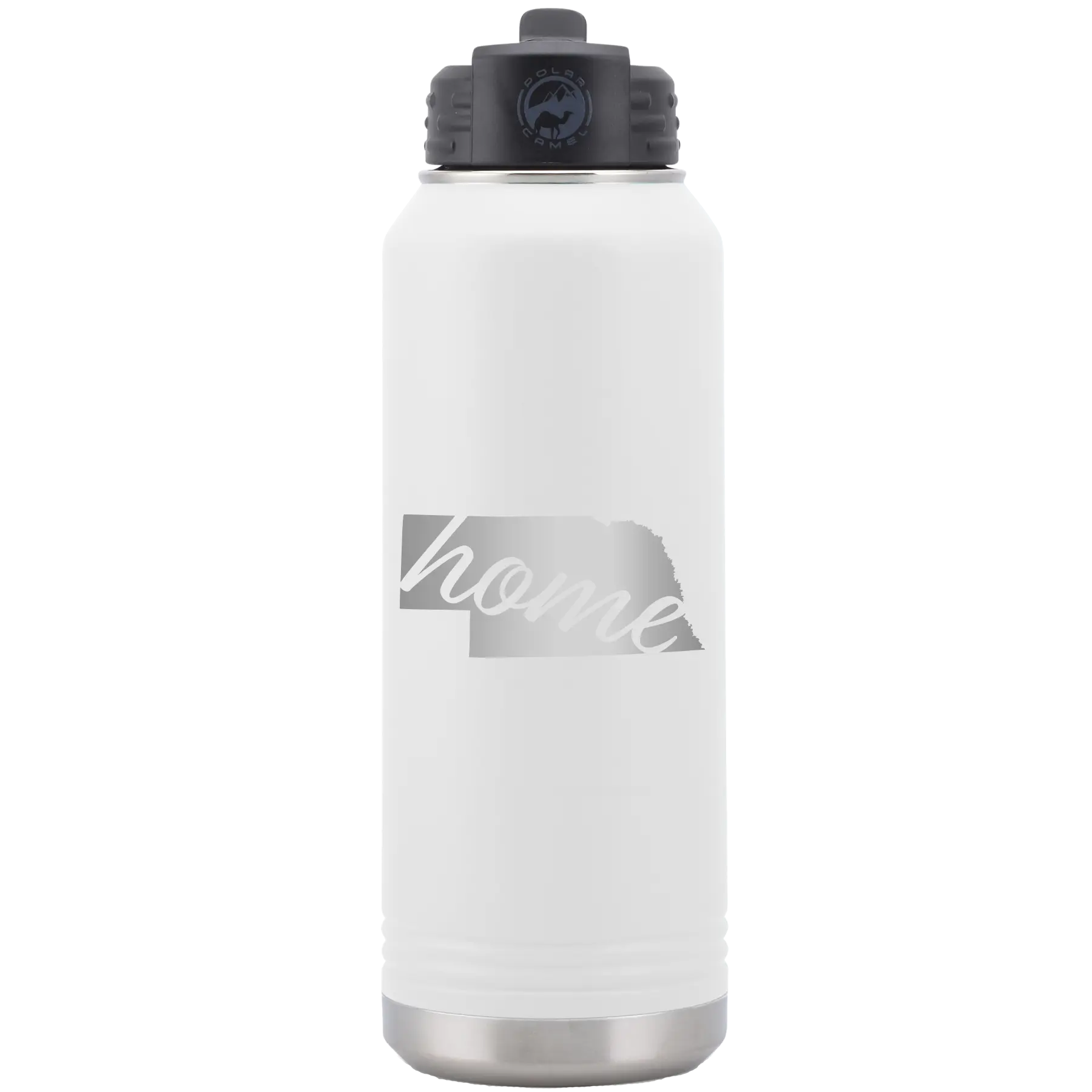 Laser etched white 32 oz vacuum insulated water bottle with 'Nebraska Home' design