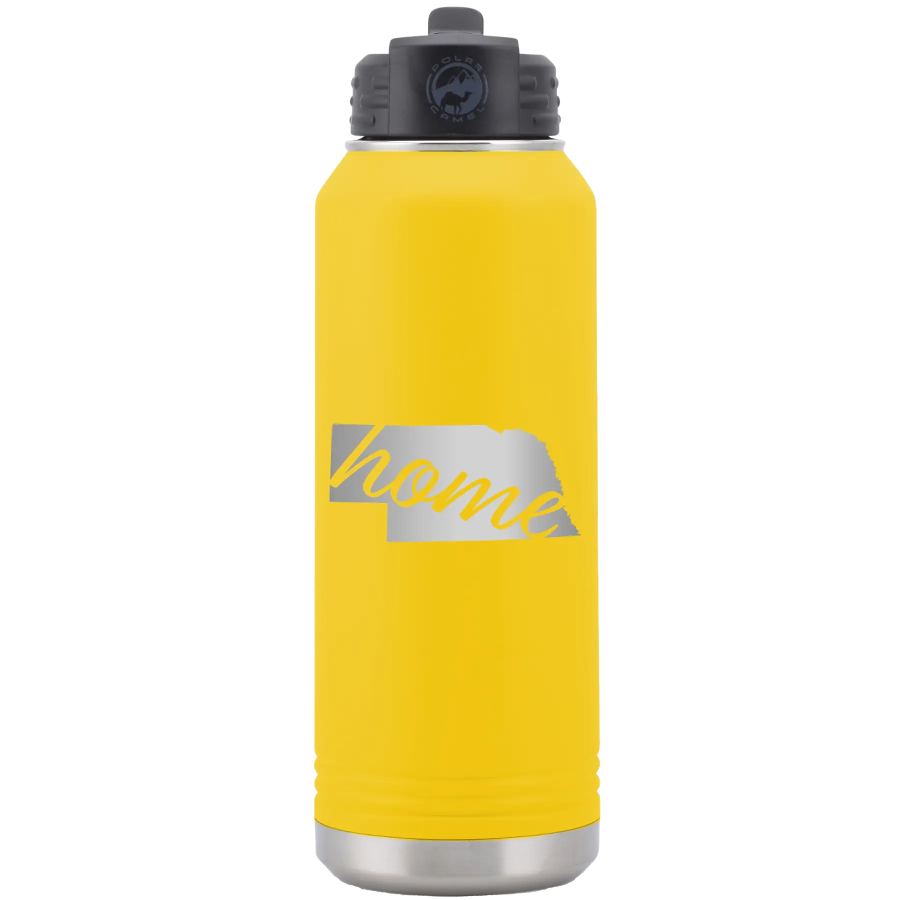 Laser etched yellow 32 oz vacuum insulated water bottle with 'Nebraska Home' design