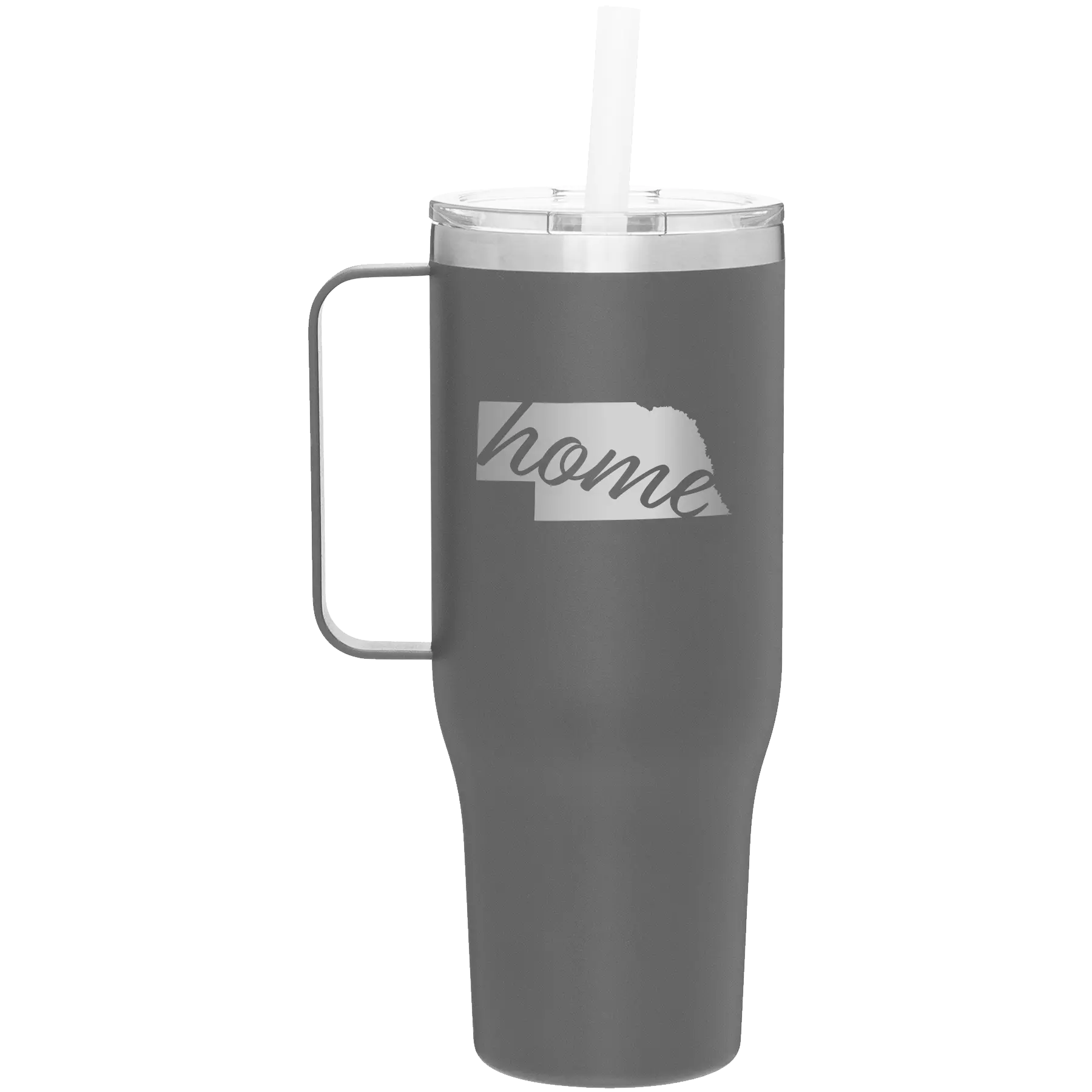 Laser etched slate 40 oz vacuum insulated tumbler mug with 'Nebraska Home' design