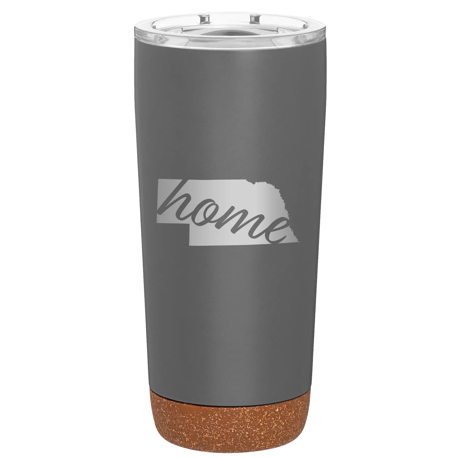 Laser etched storm gray 20 oz vacuum insulated tumbler with 'Nebraska Home' design