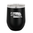 Laser etched black 12 oz vacuum insulated wine cup with 'Nebraska Home' design