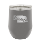 Laser etched dark gray 12 oz vacuum insulated wine cup with 'Nebraska Home' design