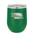 Laser etched green 12 oz vacuum insulated wine cup with 'Nebraska Home' design