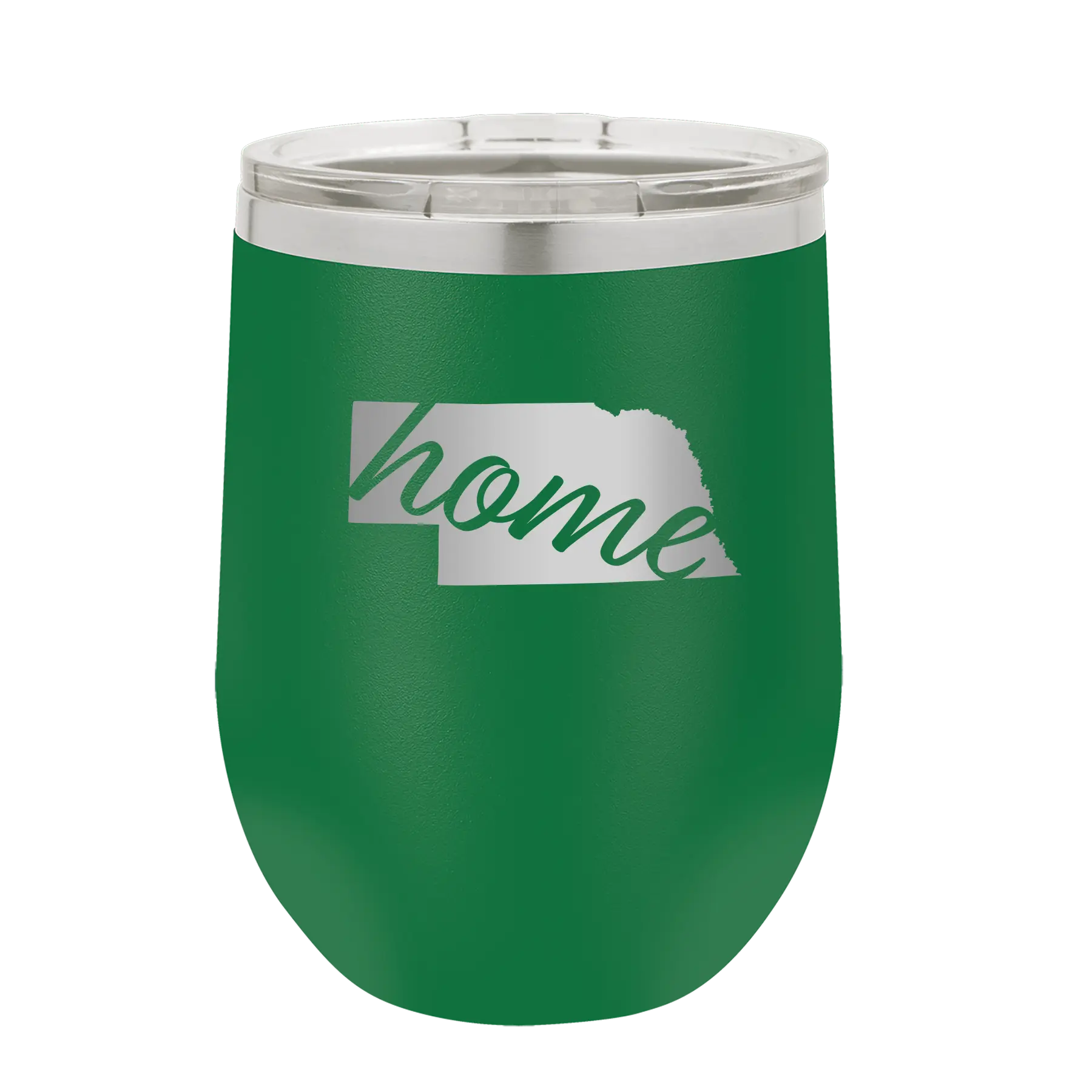Laser etched green 12 oz vacuum insulated wine cup with 'Nebraska Home' design