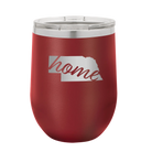 Laser etched maroon 12 oz vacuum insulated wine cup with 'Nebraska Home' design