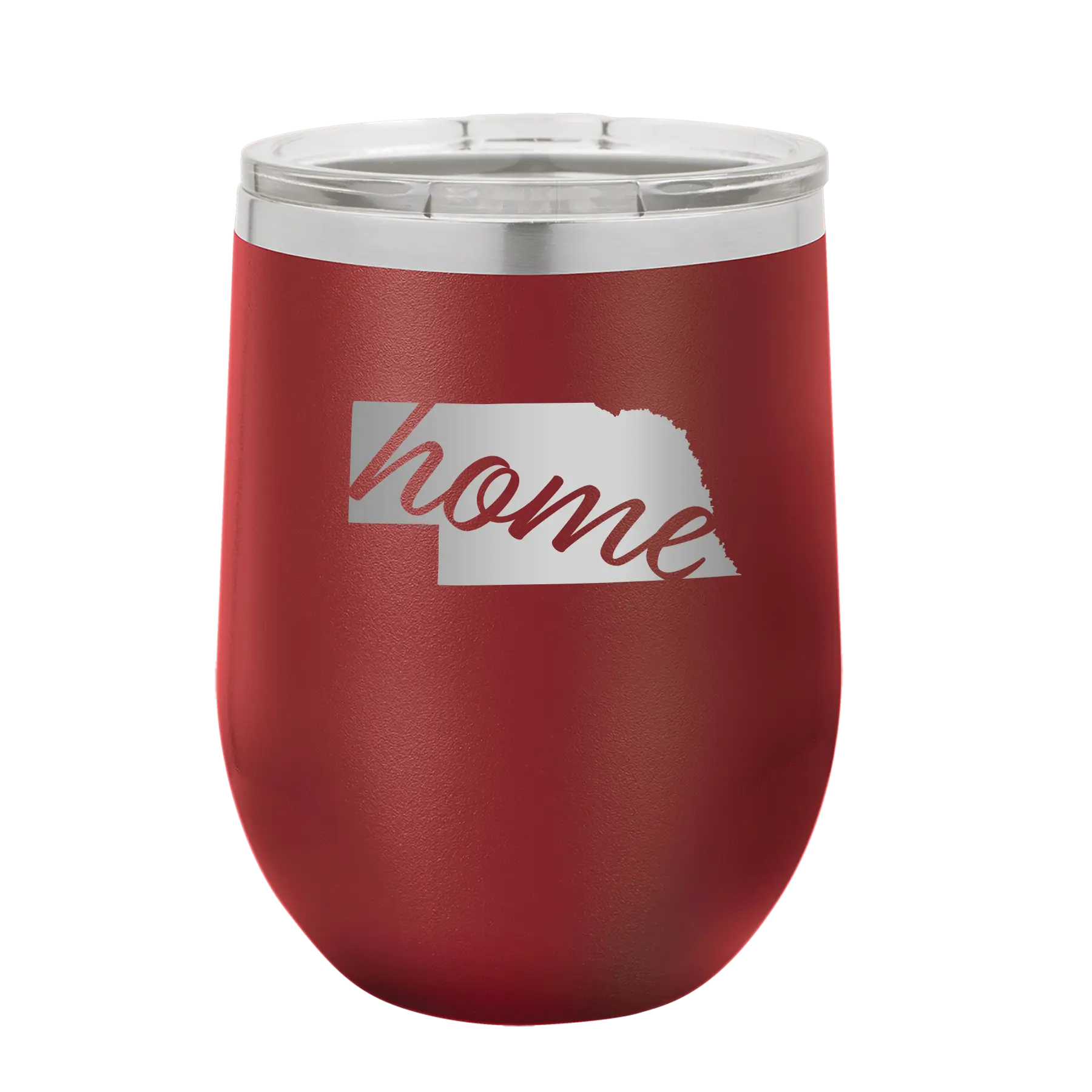 Laser etched maroon 12 oz vacuum insulated wine cup with 'Nebraska Home' design