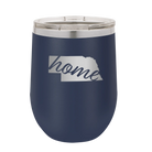 Laser etched navy 12 oz vacuum insulated wine cup with 'Nebraska Home' design