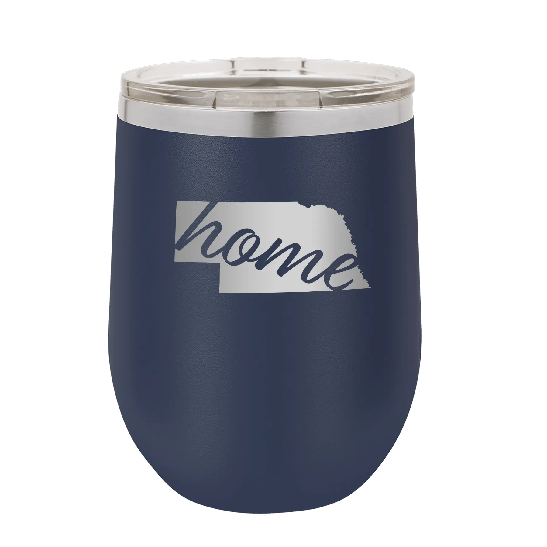 Laser etched navy 12 oz vacuum insulated wine cup with 'Nebraska Home' design
