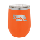 Laser etched orange 12 oz vacuum insulated wine cup with 'Nebraska Home' design