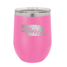 Laser etched pink 12 oz vacuum insulated wine cup with 'Nebraska Home' design