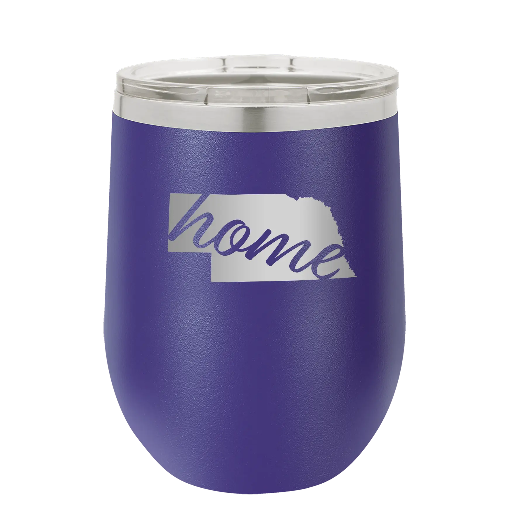 Laser etched purple 12 oz vacuum insulated wine cup with 'Nebraska Home' design