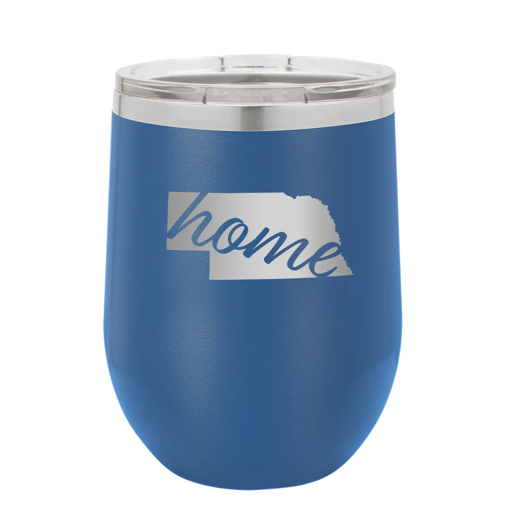 Laser etched royal blue 12 oz vacuum insulated wine cup with 'Nebraska Home' design