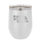 Laser etched white 12 oz vacuum insulated wine cup with 'Nebraska Home' design