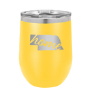 Laser etched yellow 12 oz vacuum insulated wine cup with 'Nebraska Home' design